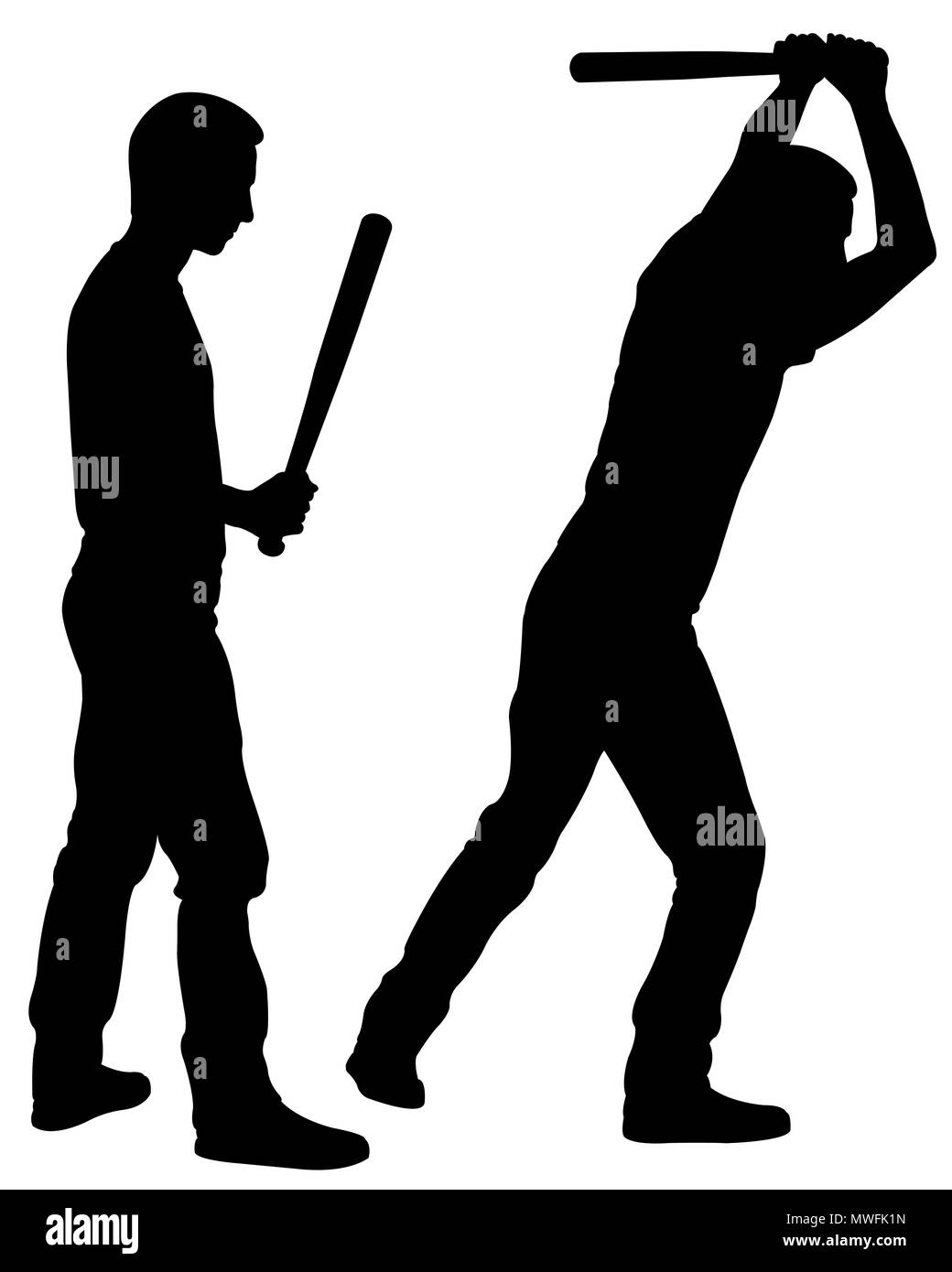 Menschen Silhouetten schlagen mit Fledermäusen isoliert auf weißem Stockfoto