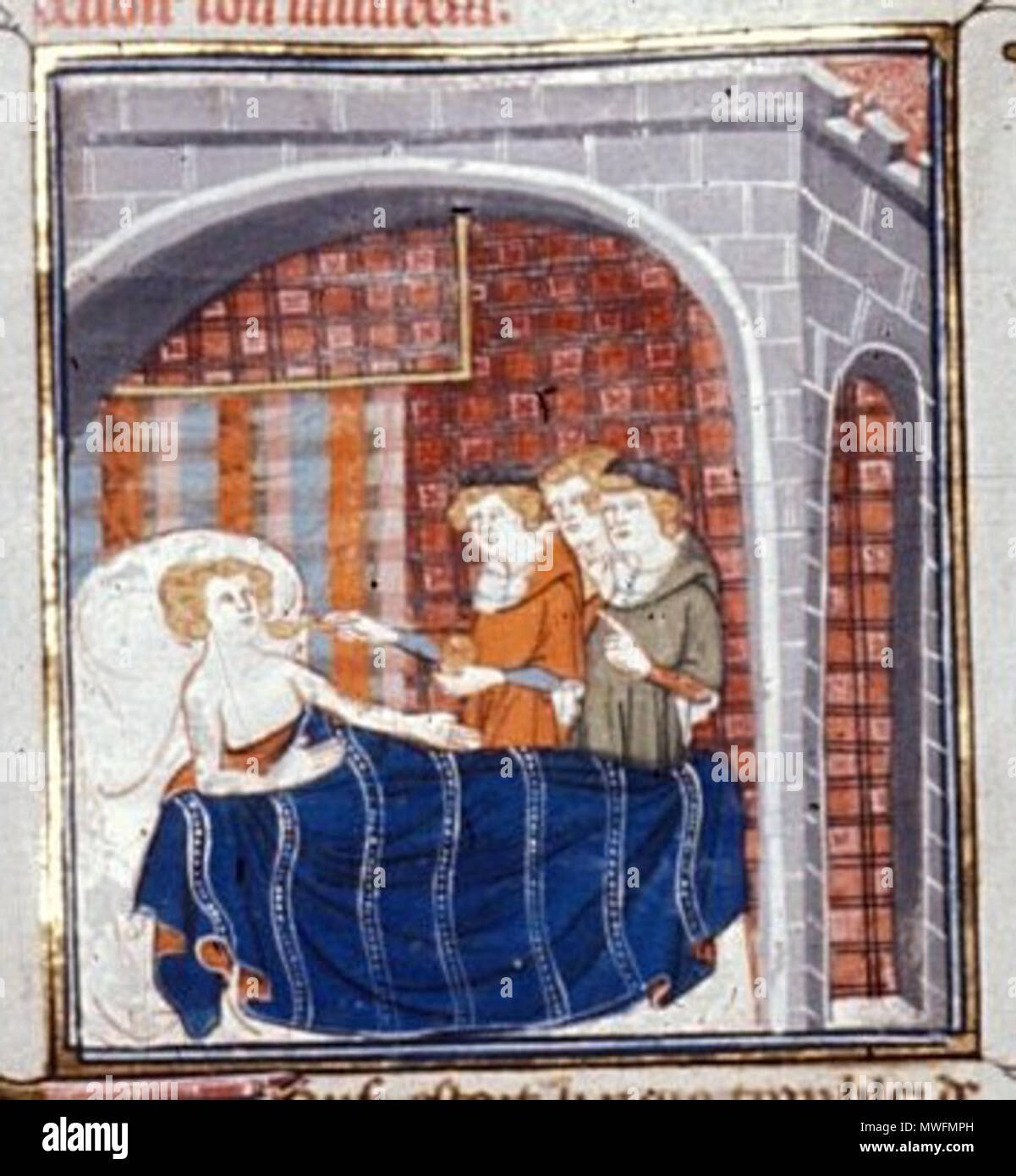 Englisch: Miniatur des Sick-Bett von Louis Le Gros, mit ärzten Verwaltung  Medizin mit einem Löffel.