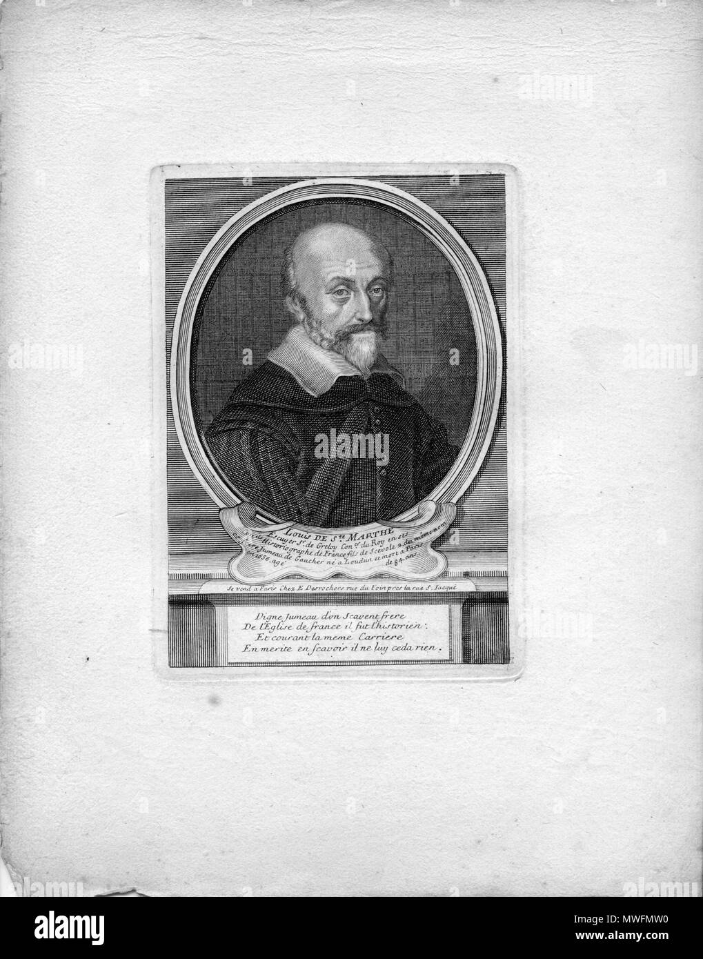 . Français: Portrait Portrait gravé Englisch: eingraviert. Es liest Louis de Ste Marthe Escuyer St. de Greloy Con. äh du Roy de ses Con. ils Historiographe de France et Fils de Scevole 2. du Meme nom et Frere jumeau de Gaucher ne ein Loudun et a Paris mort en1656 Alter de 84 ans Digne Jumeau d'un scavent frere De l'Eglise de France il fut l'historien Et courant La meme Carriere De merite en fcavoir Il ne Luy ceda rien. Datum unbekannt. Étienne Jehandier Desrochers 377 Louis de Saint-Marthe Stockfoto