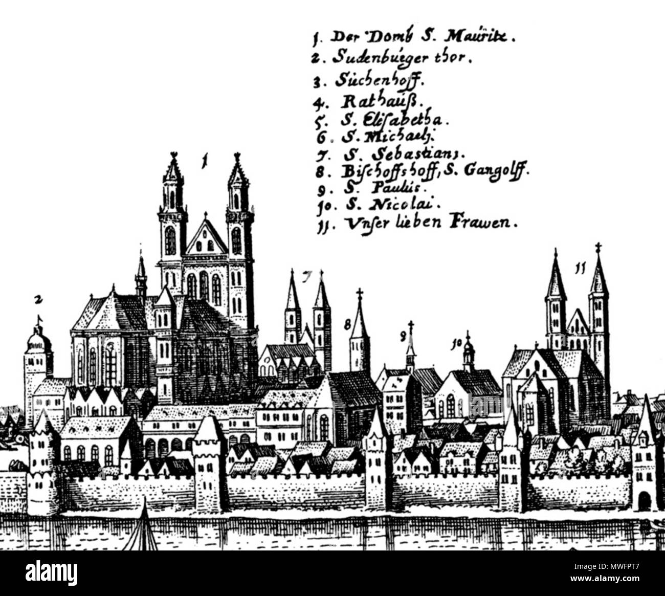 . English: Matthäus Merian: Magdeburg, Topographia Saxoniae Inferioris, gedruckt 1653; das Bild zeigt offensichtlich das Stadtbild der Zerstörung Mittelalter-ausstellung "1631. Gedruckt 1653. Matthäus Merian (zugeschnitten und Bildbeschriftung verschoben: Rabanus Flavus) 387 Magdeburg (Merian 1653) Ausschnitt Stockfoto