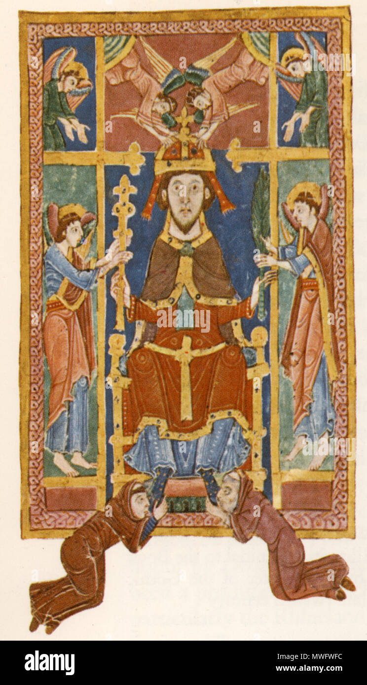 . St Edmund der Märtyrer von Engeln gekrönt, aus einem Manuskript von Bury St Edmunds circa 1130. 12. public domain 574 Stedmundcrownedbyangelspierpontms 736 f42 Stockfoto