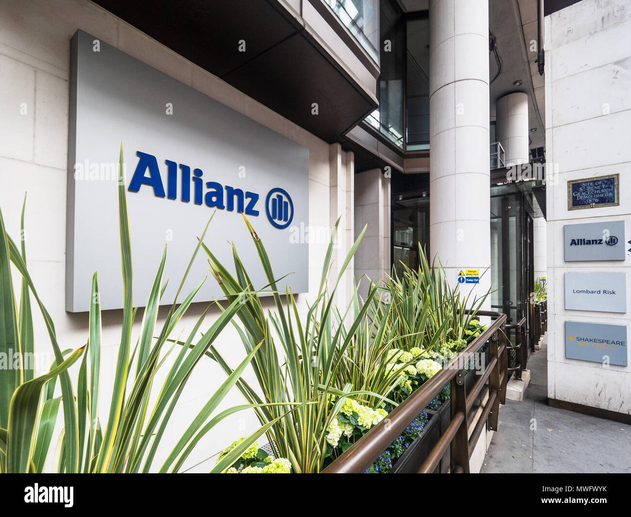Allianz Insurance London ist in der Gracechurch Street 60 im Finanzdistrikt der City of London ansässig. Allianz Global Corporate & Specialty. Stockfoto