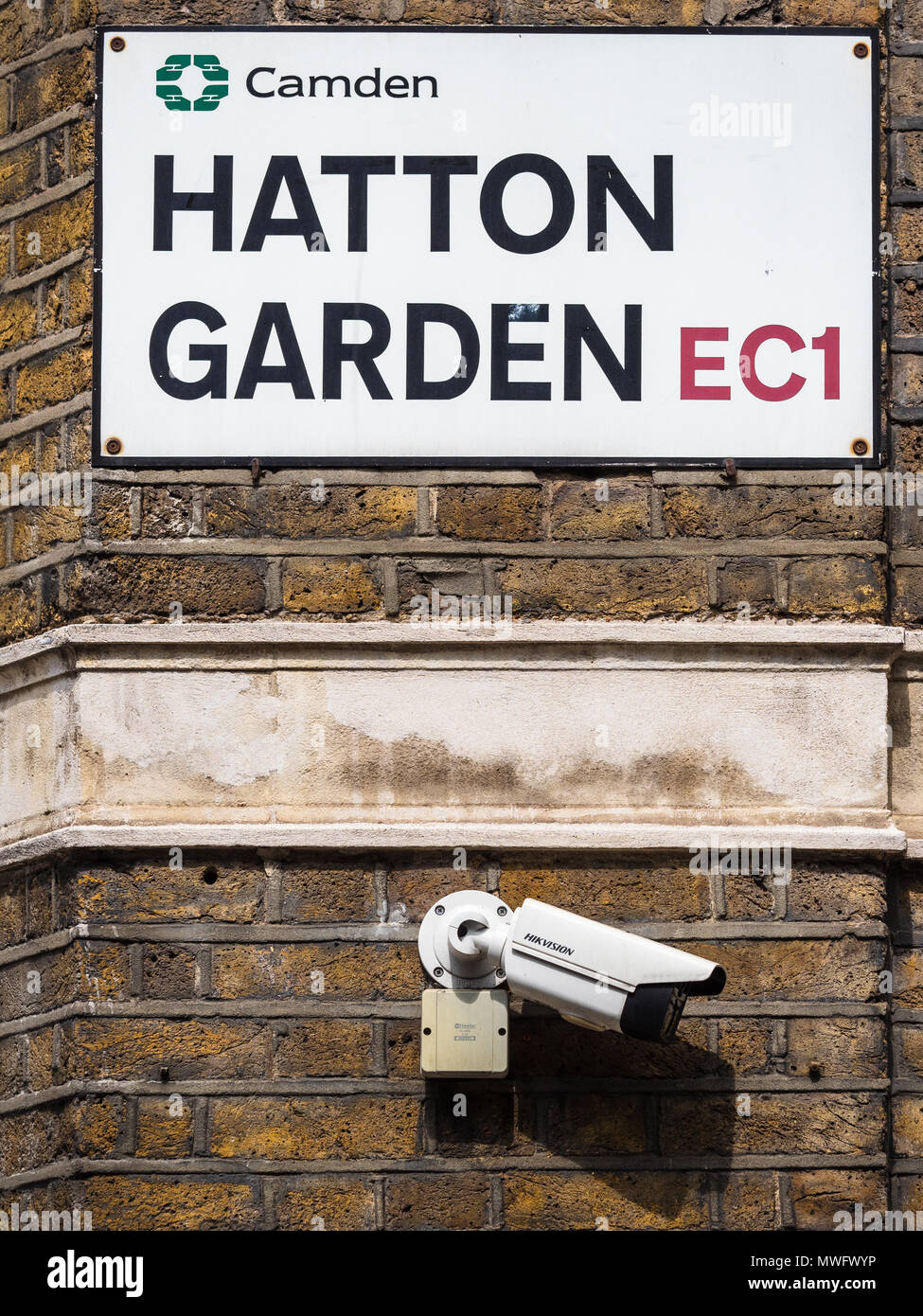 Hatton Garden Street Sign und Sicherheit Kamera - Hatton Garden ist London's Diamanten und Schmuck Bezirk Stockfoto