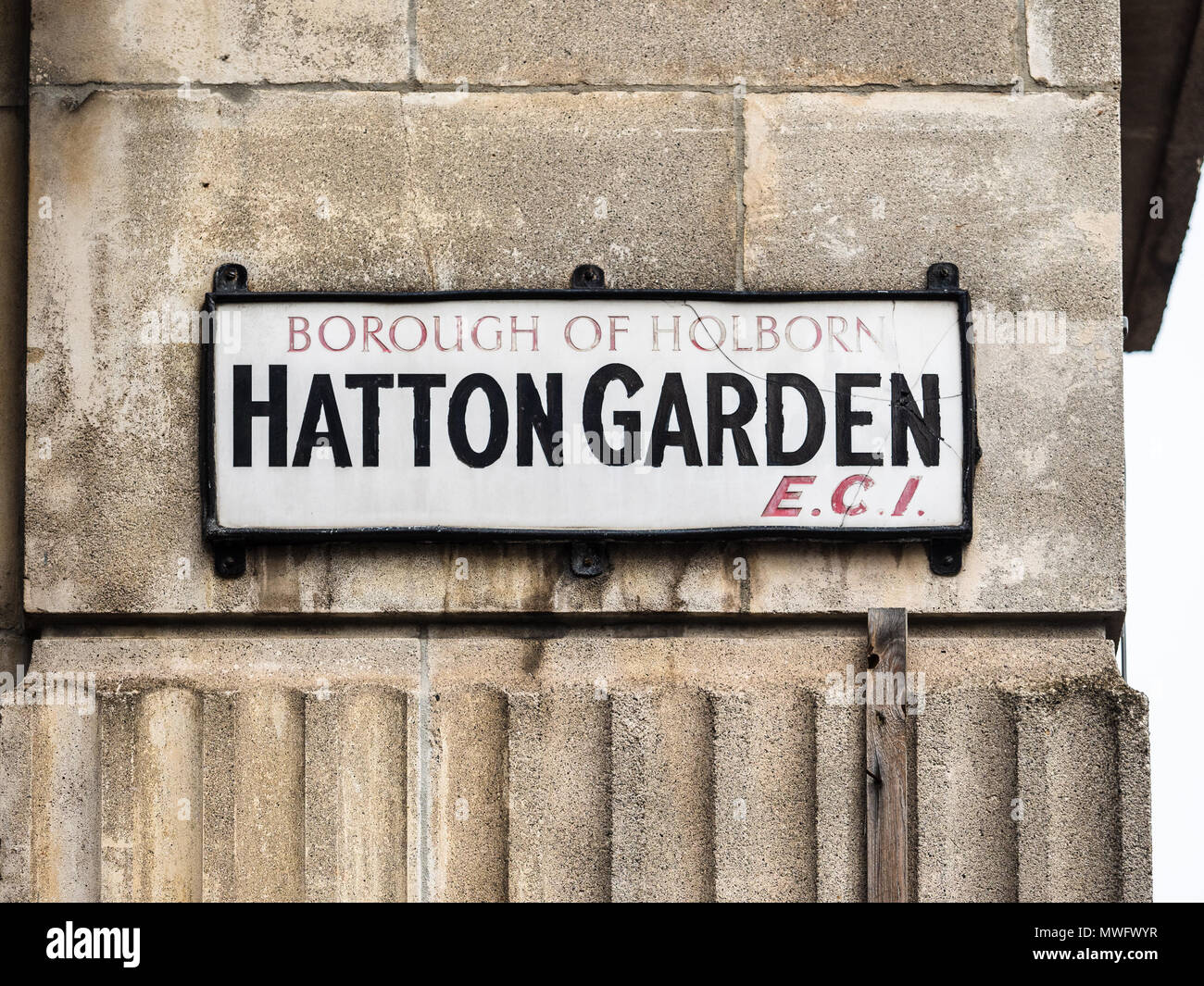 Hatton Garden Street Sign - Hatton Garden ist London's Diamanten und Schmuck Bezirk Stockfoto