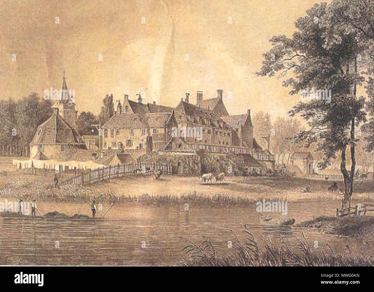 . Nederlands: Kasteel van Woerden op een prent J. Van Poppel. 1845. J. Poppel 336 Kasteel Woerden Poppel 1845 Stockfoto