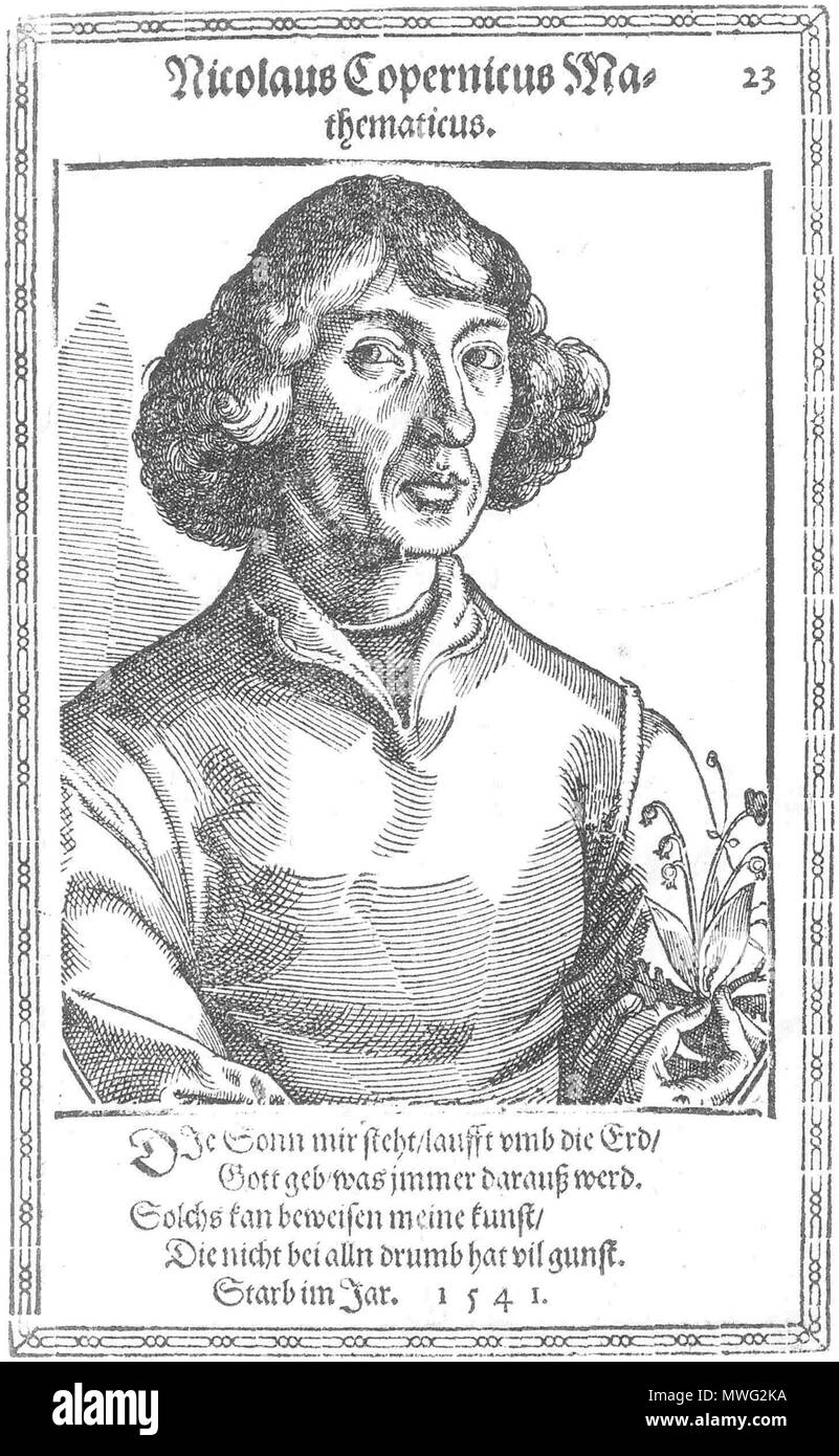 . English: Holzschnitt aus Reusner (deutscher Text). 19 Juni 2014, 10:01:59. Christoph Murer 346 Kopernikus, Nikolaus - Reusner 1578 english Text Stockfoto