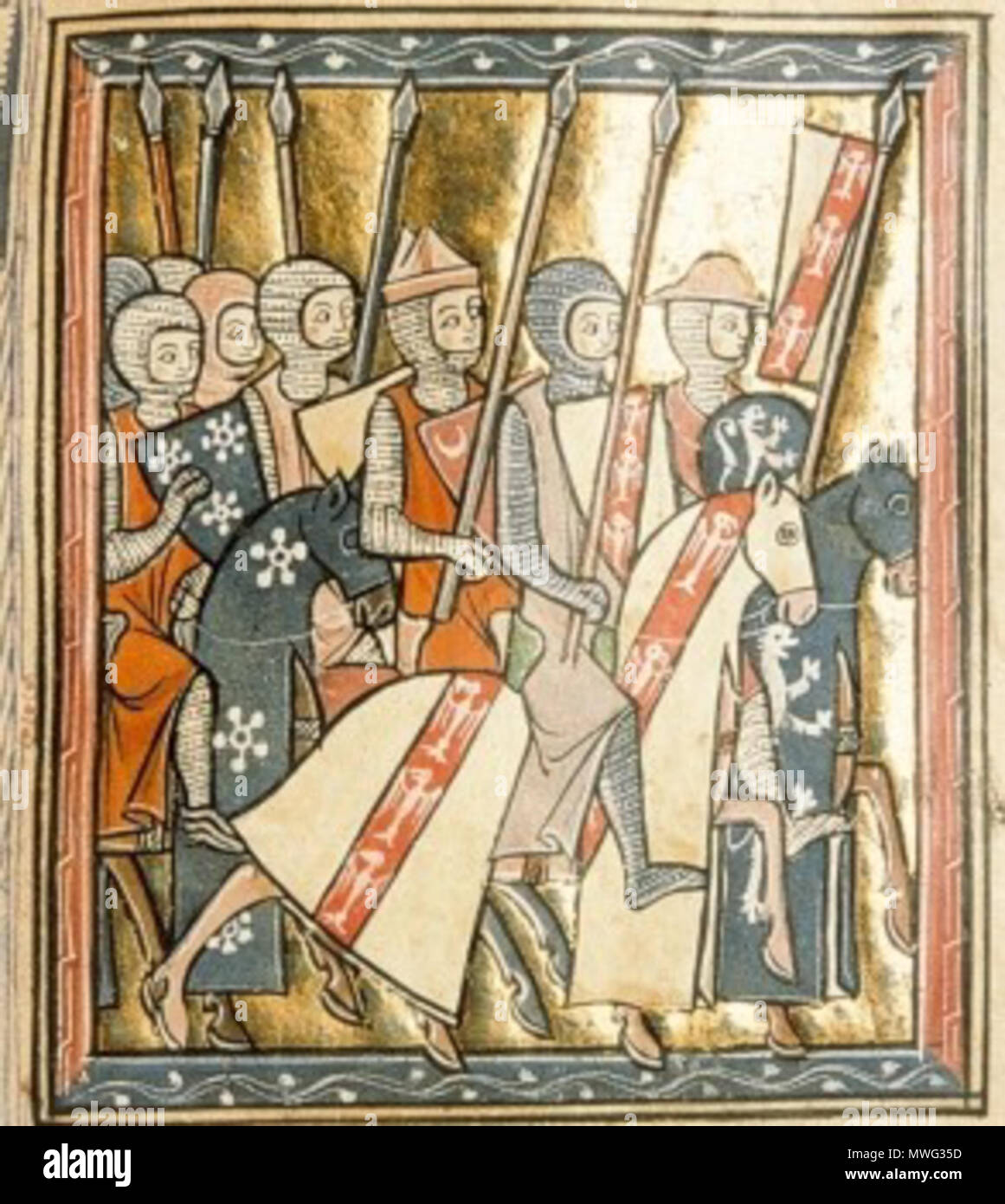 . Englisch: Miniatur aus Boulogne-sur-Mer - Bibliothèque Municipale-Ms 142 Guillaume de Tyr, Histoire d'Outremer, Saint-Jean d'Acre (Manuskript 1698 gestiftet von Melchior Philibert auf das Jesuitenkolleg in Lyon). Gottfried von Bouillon und Adhemar Bischof von Puy Fahrt mit ihren Männern in das Heilige Land. ca. 1287. Anonymous 13. Jahrhundert Künstler 348 Krizaci Stockfoto