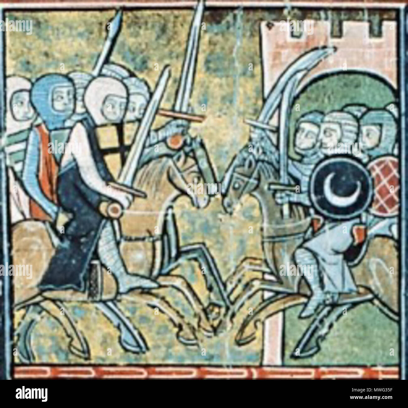 . Englisch: Miniatur aus Boulogne-sur-Mer - Bibliothèque Municipale-Ms 142 Guillaume de Tyr, Histoire d'Outremer, Saint-Jean d'Acre (Manuskript 1698 gestiftet von Melchior Philibert auf das Jesuitenkolleg in Lyon). John II Komnenos belagern Cesarea Antiochia (schaizar) im Jahr 1138. Untere Hälfte (nicht abgebildet): Raimund von Poitiers Graf von Antiochien und Josselin II Graf von Edessa Schach zu spielen. Čeština: Křižáci. ca. 1287. Anonymous 13. Jahrhundert Künstler 348 Krizaci 2 Stockfoto