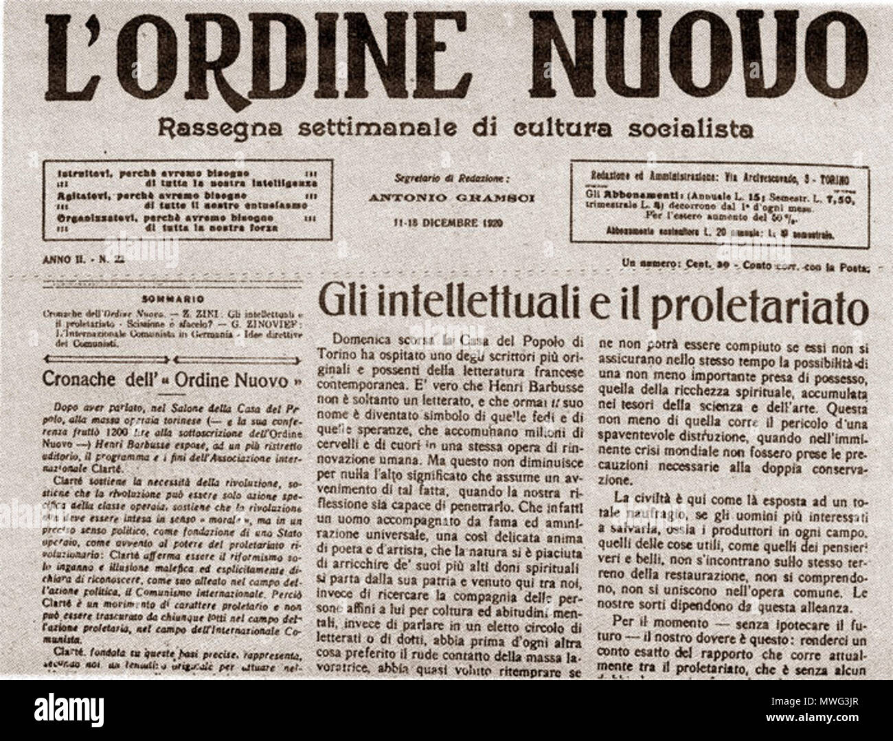 . Français: "L'Ordine Nuovo" vom 11. Dezember 1920. 1920. Antonio Gramsci (1891-1937) 352 L'Ordine Nuovo 1920 Stockfoto