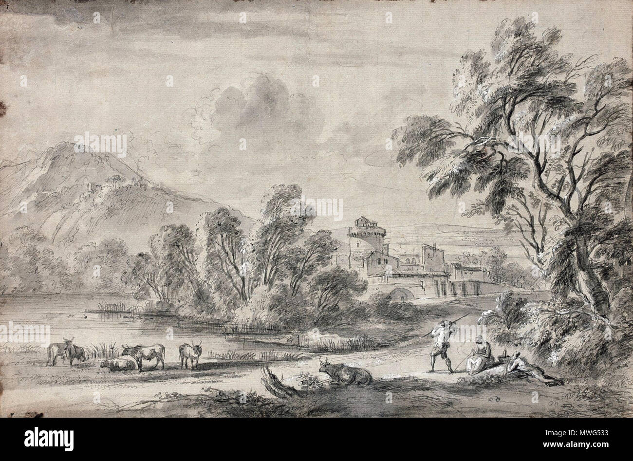 . Français: Plume et Encre Noire, lavis Gris et rehauts de Gouache blanche sur Trait de crayon Sans Kader Hauteur: 24,50 cm Largeur: 36,50cm. 18. Jean-Baptiste Tann 357 Tann Vachers et leur troupeau dans un paysage Classique Stockfoto