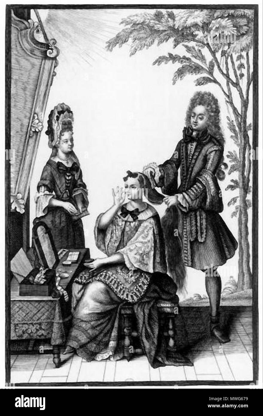 . Kupferstich "Le Matin". Darstellung einer Dame mit Schönheitspflästerchen (MOUCHES) bei der Morgentoilette. 17. Jahrhundert (sehr späten 17. Jahrhundert, die von der Präsenz eines fontange gesehen). N. Arnoult 363 Le Matin Arnoult Stockfoto