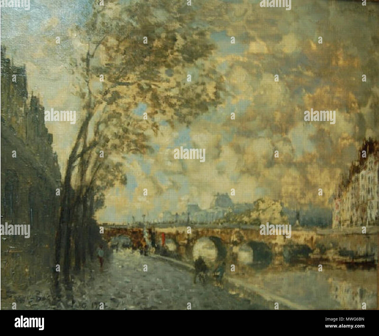 . Français: Le Pont Neuf par Le peintre américain Frank Myers Boggs (1855-1926). Hst- (55 x 65 cm). En Bas Signée à gauche, datée 1922. Paysage animé: Quai bordé de Maisons et d'arbres avec des personnages, Vue du Pont et de la Rive opposée Sous un ciel Nuageux. Erhaltung: Granville; musée Richard Anacréon. propriété de La Commune; Spende sous Réserve d'Usufruit; Granville; musée Richard Anacréon. Erwerb: 1975. 1922. Frank Myers Boggs 363 Le Pont Neuf par Frank Boggs Stockfoto