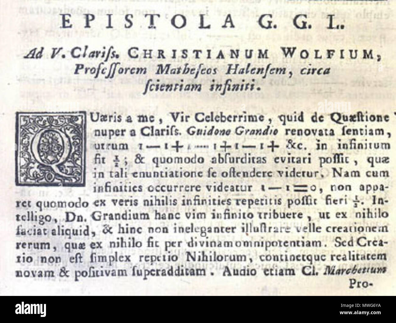 . Englisch: fotografische Reproduktion von der Hälfte der erste Absatz eines Schreibens von Gottfried Leibniz zu Christian Wolff zu den Themen der Grandi Serie 1 - 1 + 1 - 1 + · · ·, wie in den Acta Eruditorum 1713 veröffentlicht. . Benutzer: Melchoir 365 Leibniz, Wolff auf Grandi Stockfoto