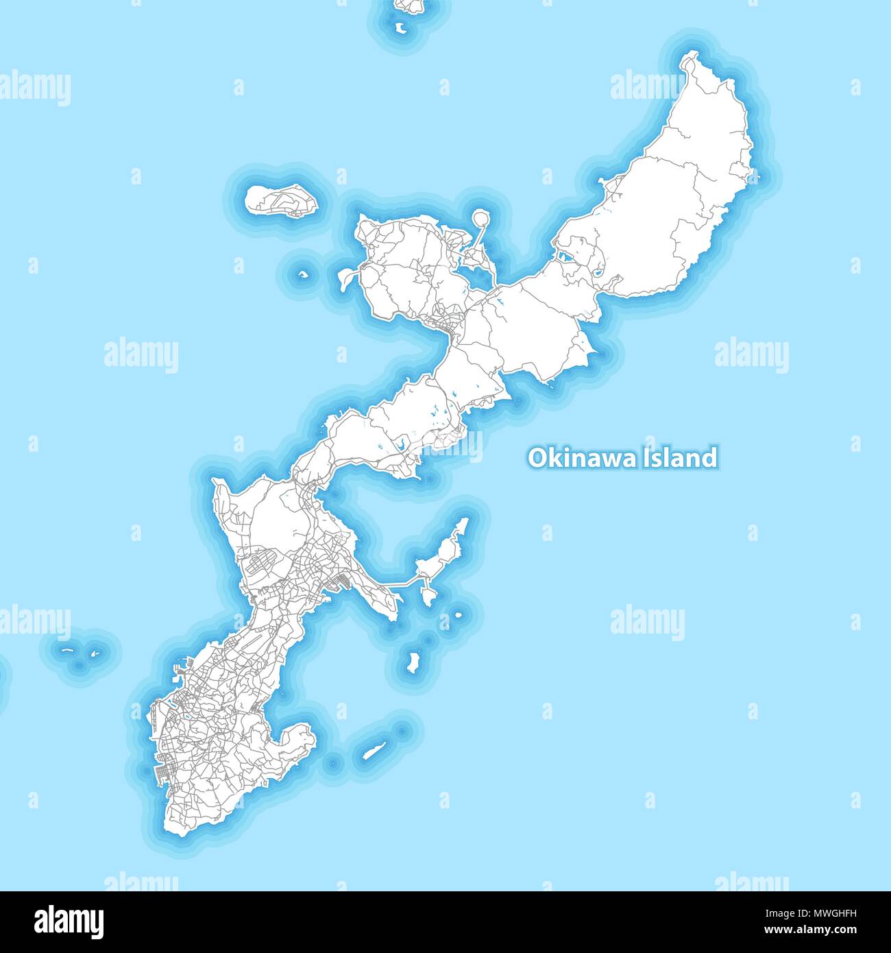 Karte der Insel Okinawa, Japan mit der größten Autobahnen, Straßen und die umliegenden Inseln und Inselchen Stock Vektor