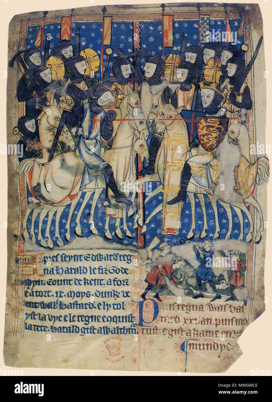 . Herzog Wilhelm von der Normandie, der Eroberer, ersticht König Harold von England in der Schlacht von Hastings, wie sie auf dem Pferd kämpfen. England Chronik in französischer Sprache von ca. Anzeige 1280-1300 an der British Library. 13. Jahrhundert. Unbekannt 391 Manuskript der XIII BC Schlacht von Hastings Stockfoto