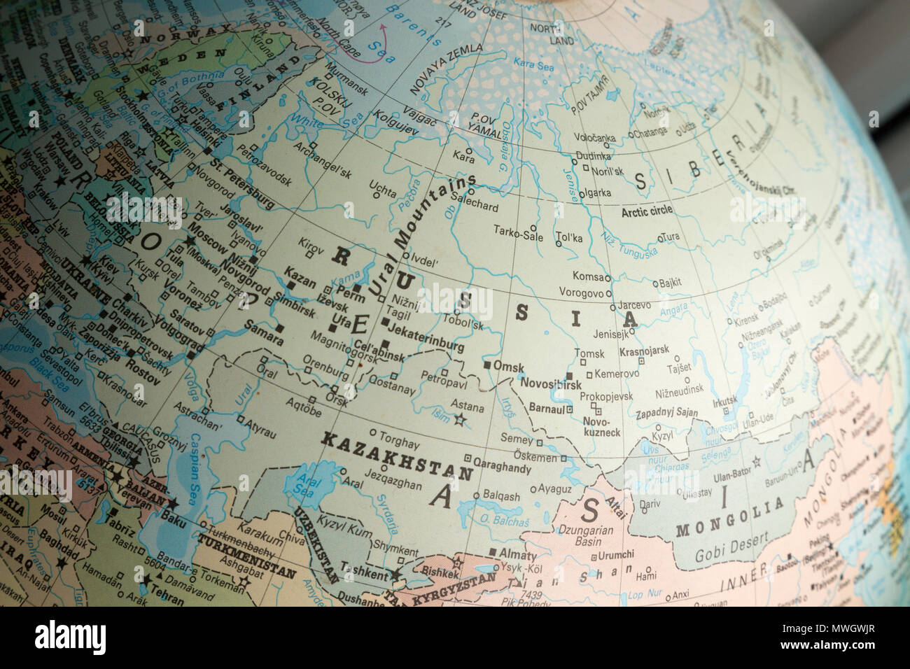 Osteuropa und Asien Karte auf einem Globus auf Russland fokussierten Stockfoto
