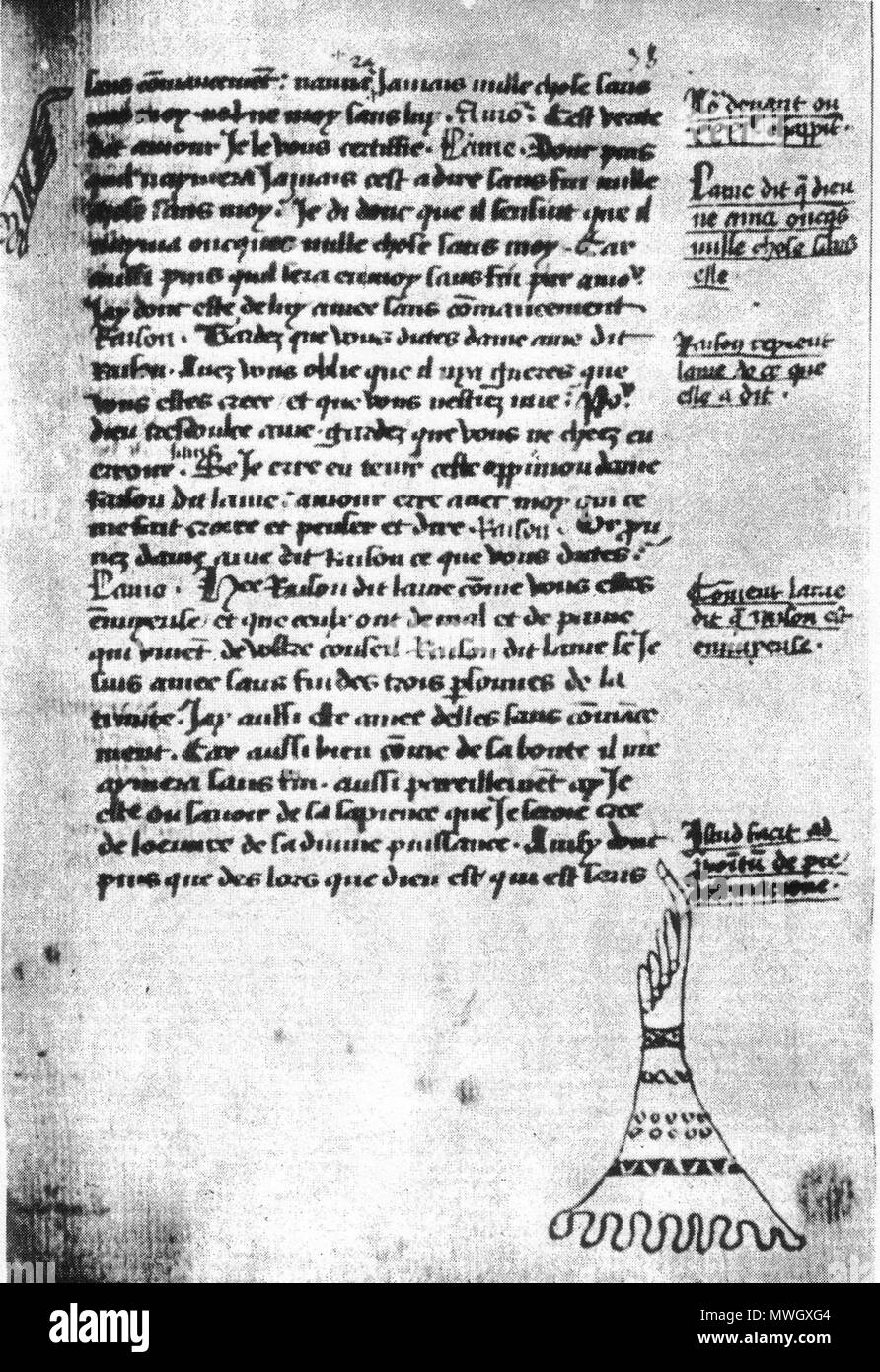 . Englisch: Marguerite Porete, Der Spiegel der einfachen Seelen, Kapitel 35 (Dialog der Seele und Vernunft). Ende des 15. oder Anfang des 16. Jahrhunderts nach den Editor (Paul Verdeyen). unbekannten französischen Kopist 396 Margarete Porete, fol. 38 Stockfoto