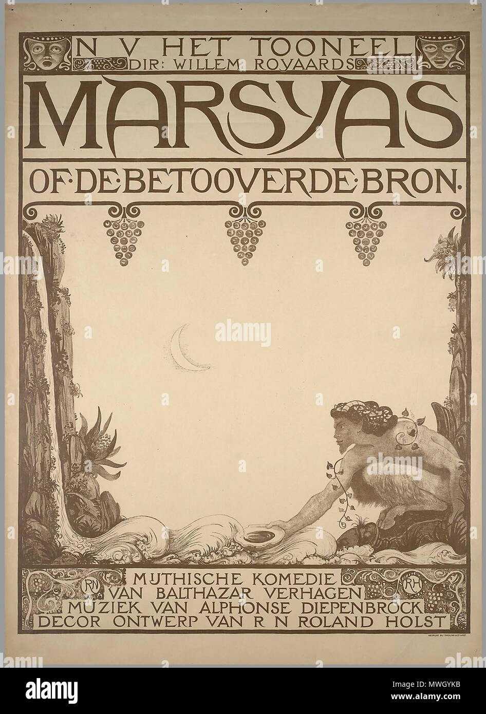 . Nederlands: Affiche. 'N V Het Tooneel (Amsterdam). Marsyas von De Bron betooverde.". 1910. Richard Roland Holst (1868 - 1938) 400 Marsyas von De betooverde Bron Stockfoto