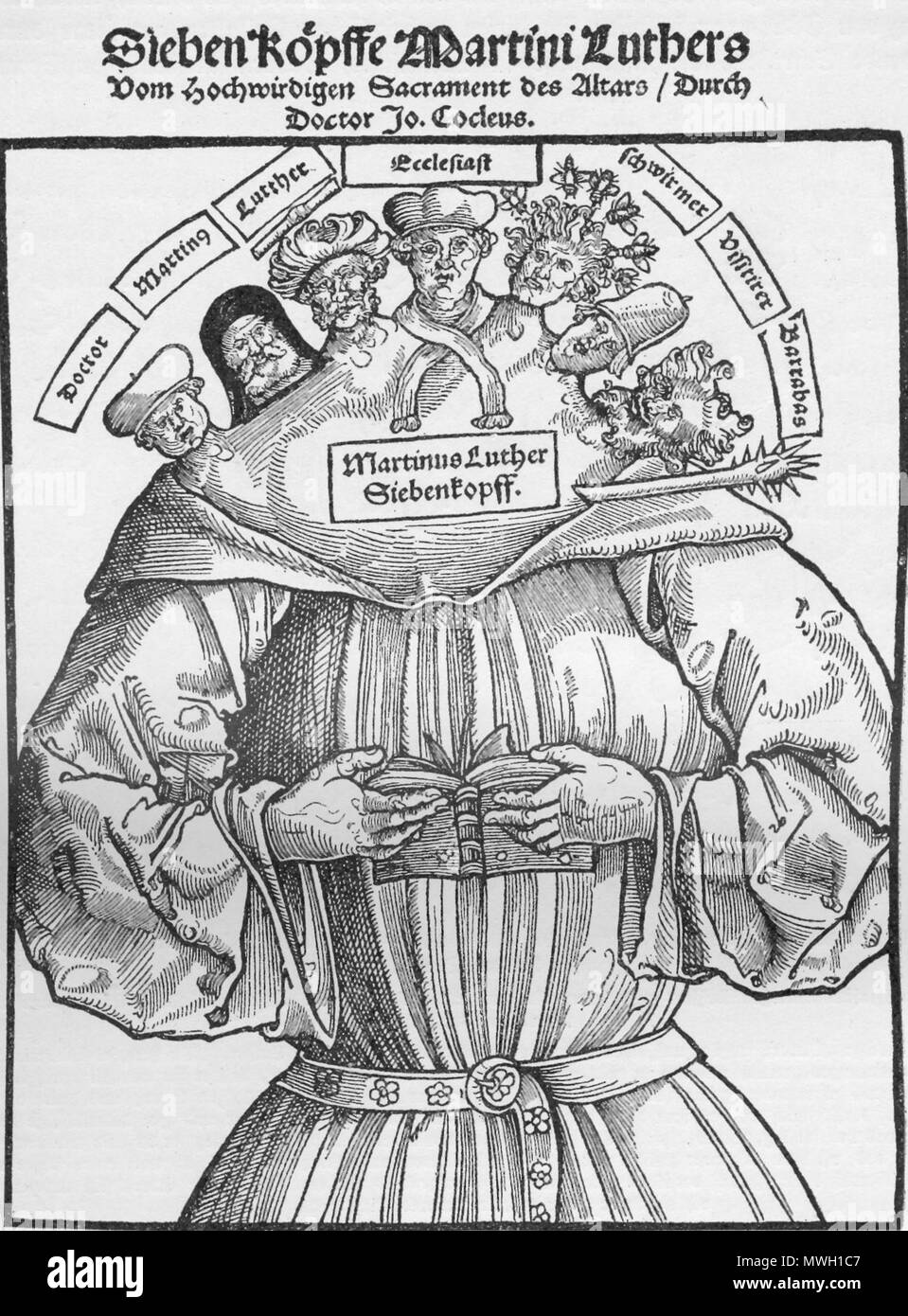 . Flugblatt gegen Luther als Siebenköpfiges Monster. 16. Jahrhundert. Unbekannt 211 Flugblatt gegen Luther Stockfoto