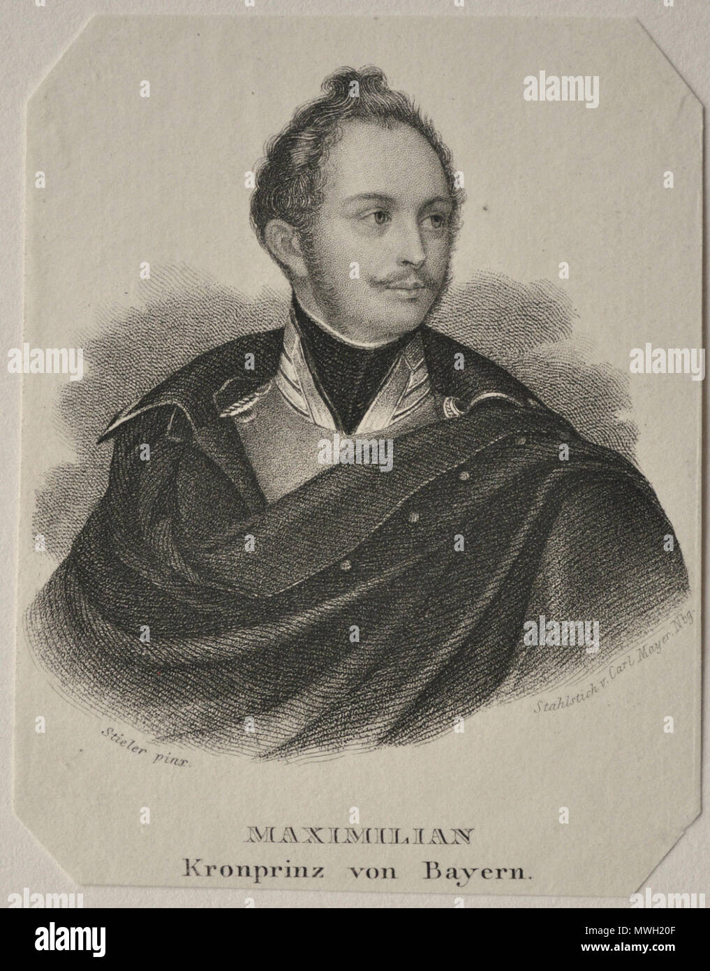 . Maximilian, Kronprinz von Bayern. Stahlstich von Carl Mayer / Joseph Stieler. ca. 1840. Carl Mayer nach Joseph Karl Stieler (1781-1858) Alternative Namen Karl Joseph Stieler Beschreibung Deutsche Maler Geburtsdatum / Tod am 1. November 1781 9. April 1858 Ort der Geburt / Todes Mainz München Arbeit Lage Italien, München Authority control: Q 467658 VIAF: 22405115 ISNI: 0000 0001 0653 3690 ULAN: 500007725 LCCN: n 84169565 WGA: STIELER, Karl Joseph WorldCat 408, Kronprinz Maximilian von Bayern. Stahlstich / Joseph Stieler Stockfoto