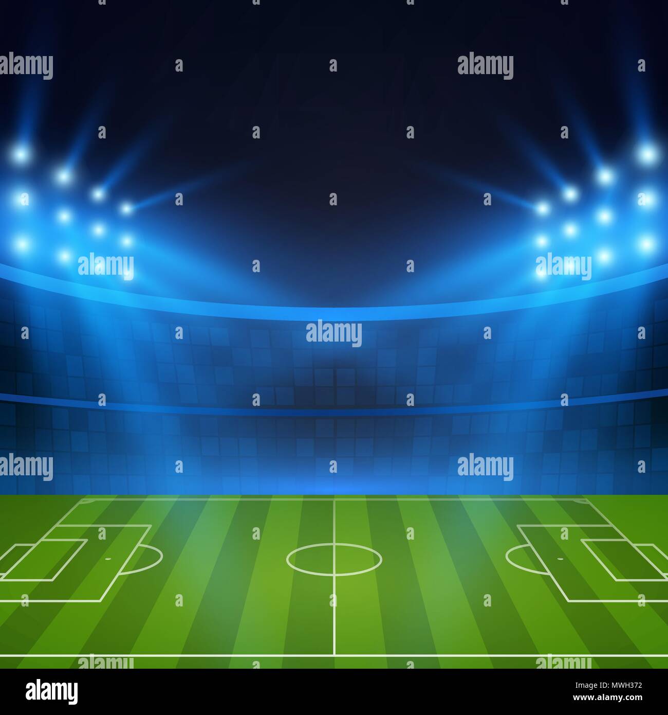 Fußball-Stadion. Fußball-Feld im Licht von Scheinwerfern. Fußball-Weltmeisterschaft. Vector Illustration Stock Vektor