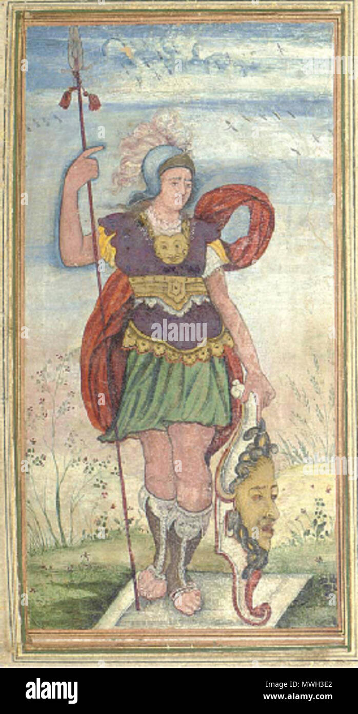 . Englisch: MINERVA SCHULE DER KESU DAS, MUGHAL INDIA, Ende 16. Jahrhundert Gouache auf Papier mit Gold verstärkt, die im Europäischen Stil Minerva steht contraposto, eine Hand auf ihrem Gorgon - vorangegangen Schild, der andere mit einem Speer, inmitten einer Landschaft, leicht getrimmt, blau, gold, orange, grüne und weiße Ränder, auf Gold - speckled Creme album Seite, auf der Karte montiert, eingegebene Note in Französisch auf der Rückseite Folio 10 ¾ x6 in eingefügt. (27,6 x 16 cm.), miniature: 6 2/3 x 3 3/8 in. (16.6 x 8.6cm) Besonderer Hinweis Keine Mehrwertsteuer wird auf den Hammer Preis berechnet, aber die Mehrwertsteuer in Höhe von 17,5 % % % % werden dem Käufer p hinzugefügt werden Stockfoto