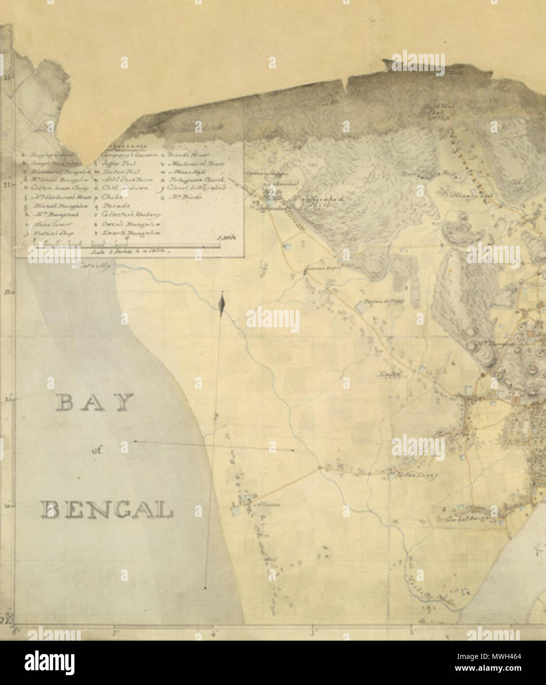 . Feder und Tinte und Wasser - Farbe Fragment einer Karte von Chittagong von John cheape (1792-1875) im Jahre 1818. Chittagong in Bangladesch an der Stelle, wo der Karnaphuli Fluss mündet in die Bucht von Bengalen und ist ein wichtiger Hafen und hat seit Jahrhunderten von Arakanese, Arabisch, Persisch, Portugiesisch und Mughal Matrosen verwendet. Im Rahmen der portugiesischen Im 16. Jahrhundert wurde als Porto Grande bekannt und wurde zu einem wichtigen Handelsplatz. Es wurde von den Nawab von Bengalen 1666 erfasst und fielen auf die East India Company 1760; 60 Jahre später wurde es von der Kaiser von Birma (heute Myanmar genannt behauptete Stockfoto