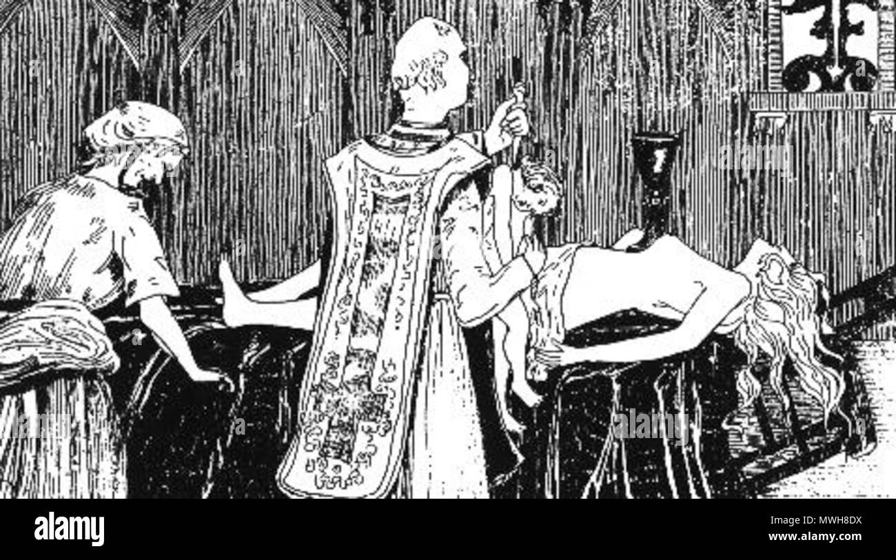 . Französisch: Messe Noire Schwarz Masse. Catherine Monvoisin und der Priester Étienne Guibourg durchführen" schwarzen Massen' für die Geliebte von König Ludwig XIV. von Frankreich, Madame de Montespan (liegen auf dem Altar). 1895 413 Messenoire Stockfoto