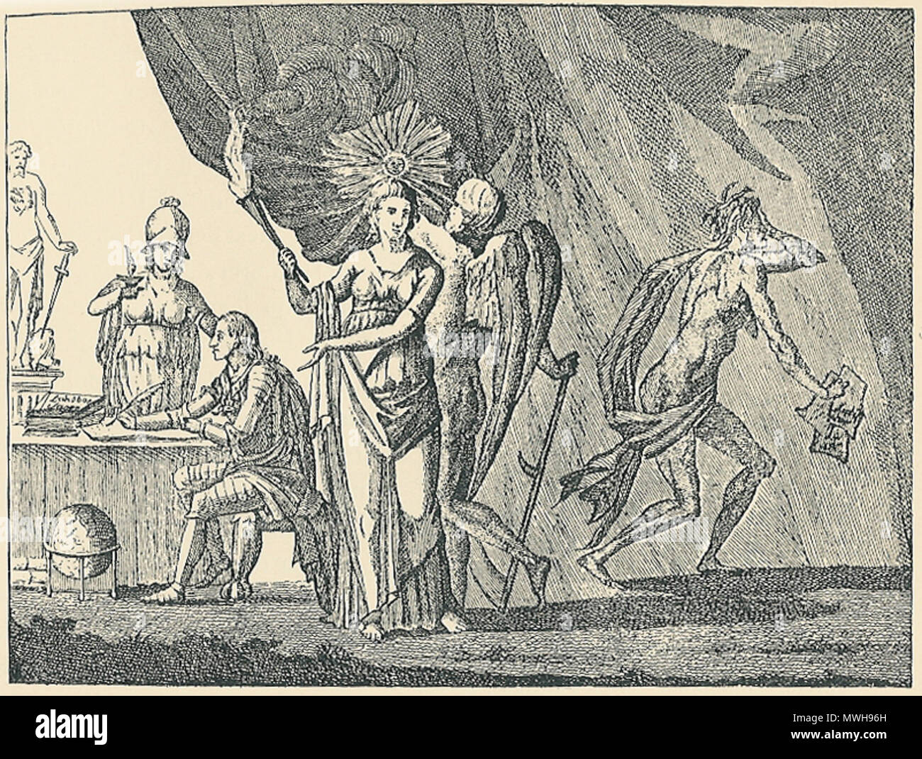 . "Frederick arbeider". Satirisk stik Fra 1790. "Kronprins Frederik arbejder på landboreformerne. Visdomsgudinden Minerva står Med et Lys ved Hans Seite. Tasche ham gudinden Neomi som står Inhaber sandhedens fakkel. Ich baggrunden vingede tidens gud-drager fremtidens slør til Seite. Til højre misundelsens gustne Wut Avind, med en Samling satiriske skrifter i Hånden. 1906. C.E. Jensen 219 Frederick arbeider Stockfoto