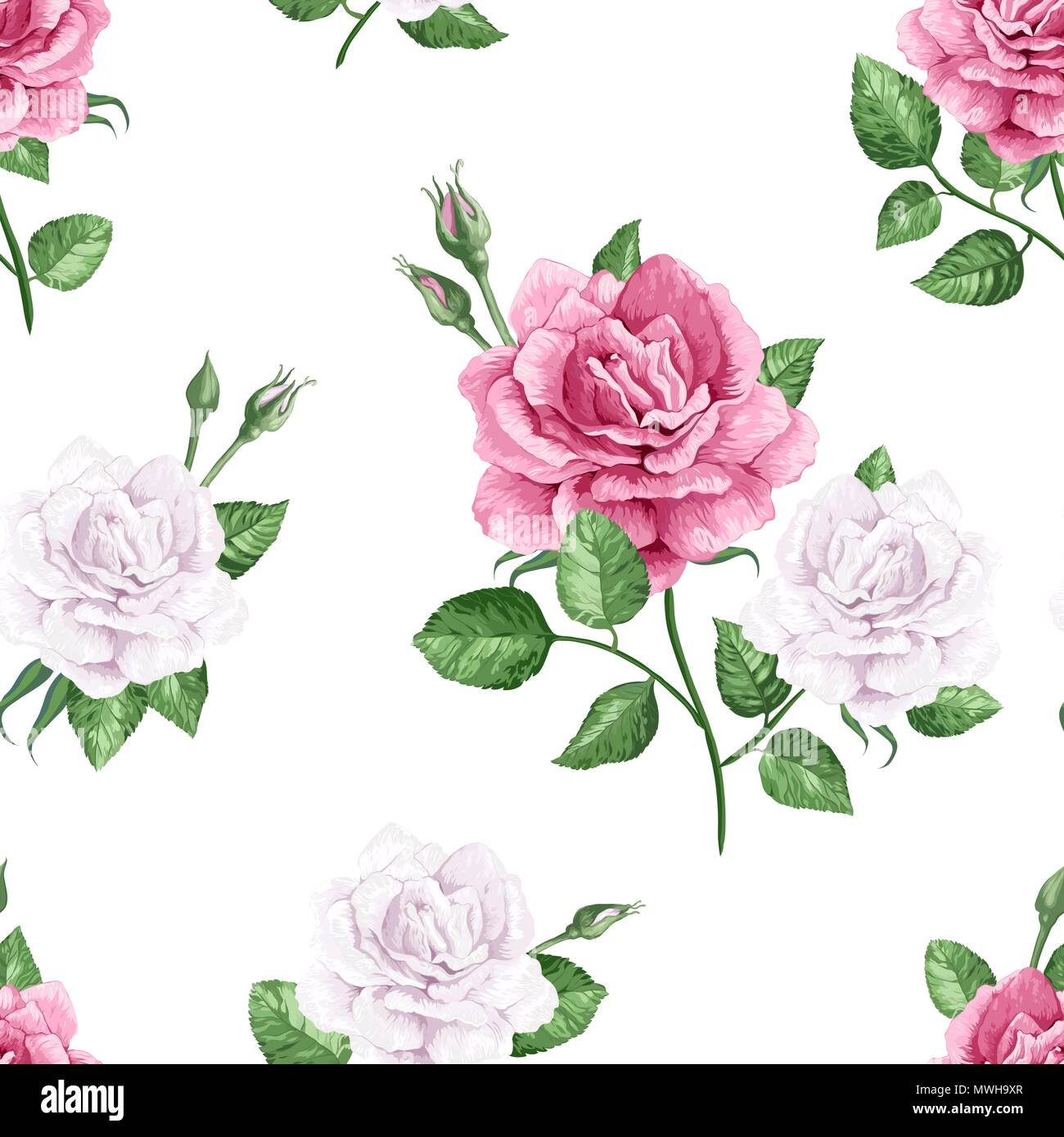 Rose Blumen, Blüten und Blätter in Aquarell Stil auf weißem Hintergrund. Nahtlose Muster für Textilwaren, Geschenkpapier, Paket, Stock Vektor