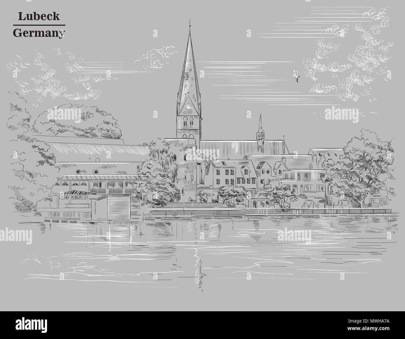 Blick auf die Kirche von St. Maria in Lübeck in Deutschland. Vektor monochromen Abbildung auf grauen Hintergrund isoliert. Stock Vektor