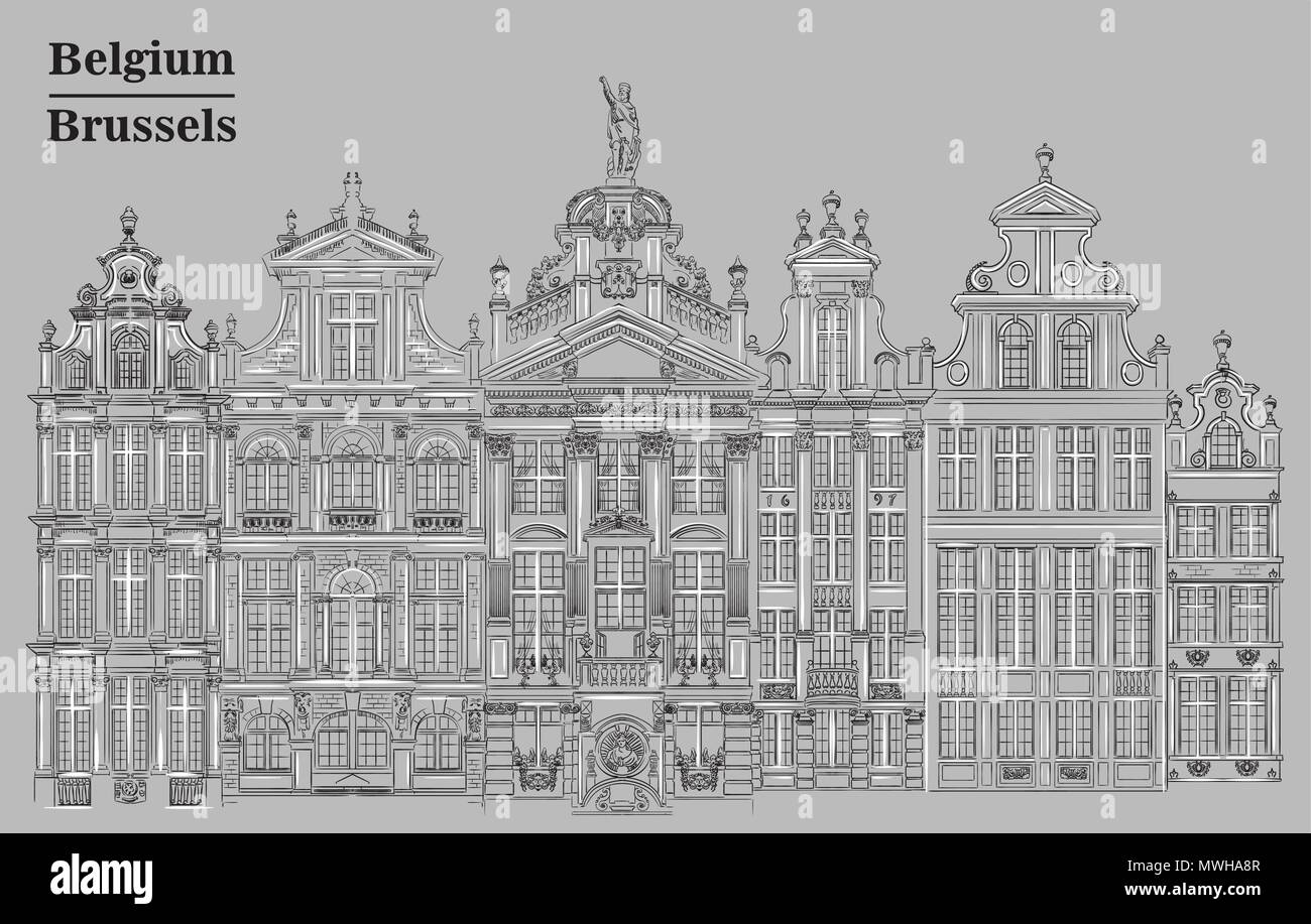 Grand Place in Brüssel, Belgien. Wahrzeichen von Belgien. Vektor hand Zeichnung Illustration in den Farben Schwarz und Weiß auf grauem Hintergrund. Stock Vektor