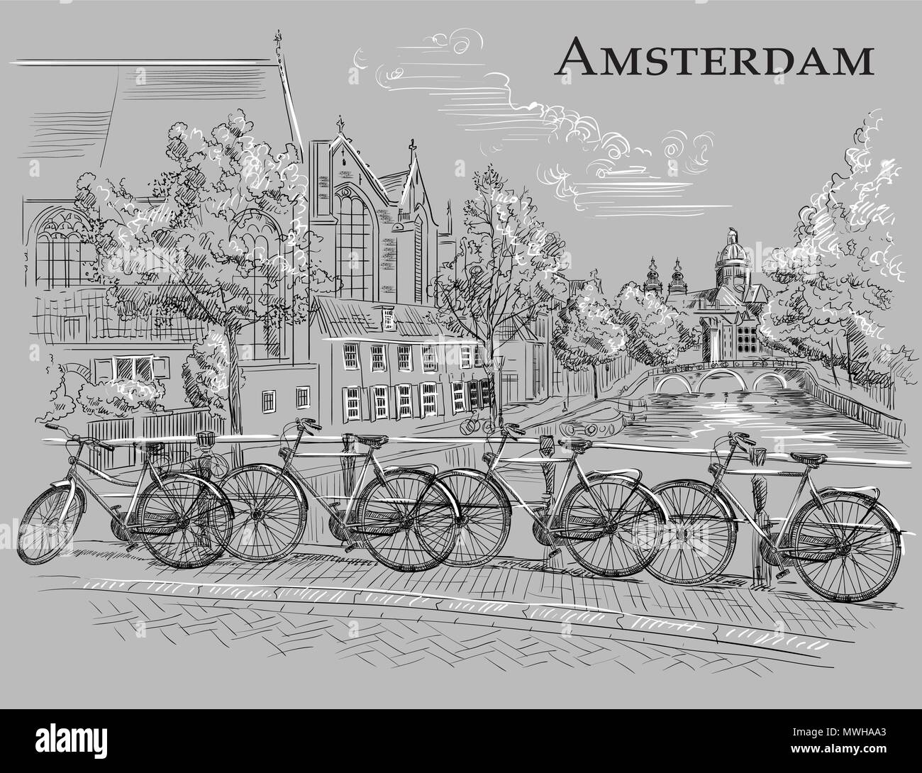 Fahrräder auf der Brücke über die Kanäle von Amsterdam, Niederlande. Wahrzeichen der Niederlande. Vektor hand Zeichnung Abbildung in schwarz und wite Farben Isola Stock Vektor