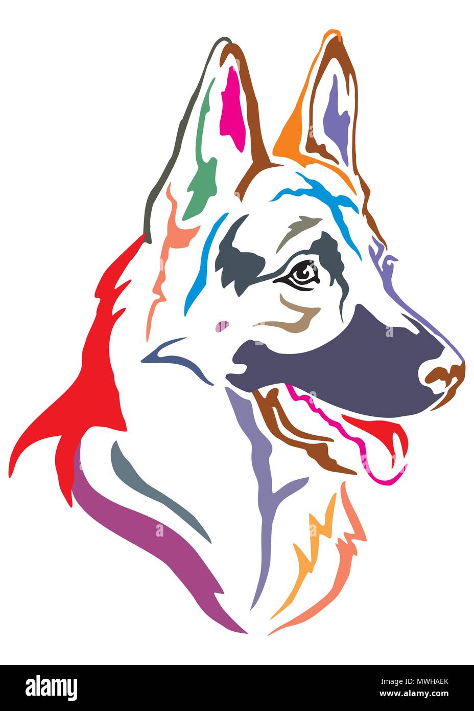Bunt dekorativ Portrait im Profil von Hund Schäferhund, Vector Illustration in verschiedenen Farben auf weißem Hintergrund Stock Vektor