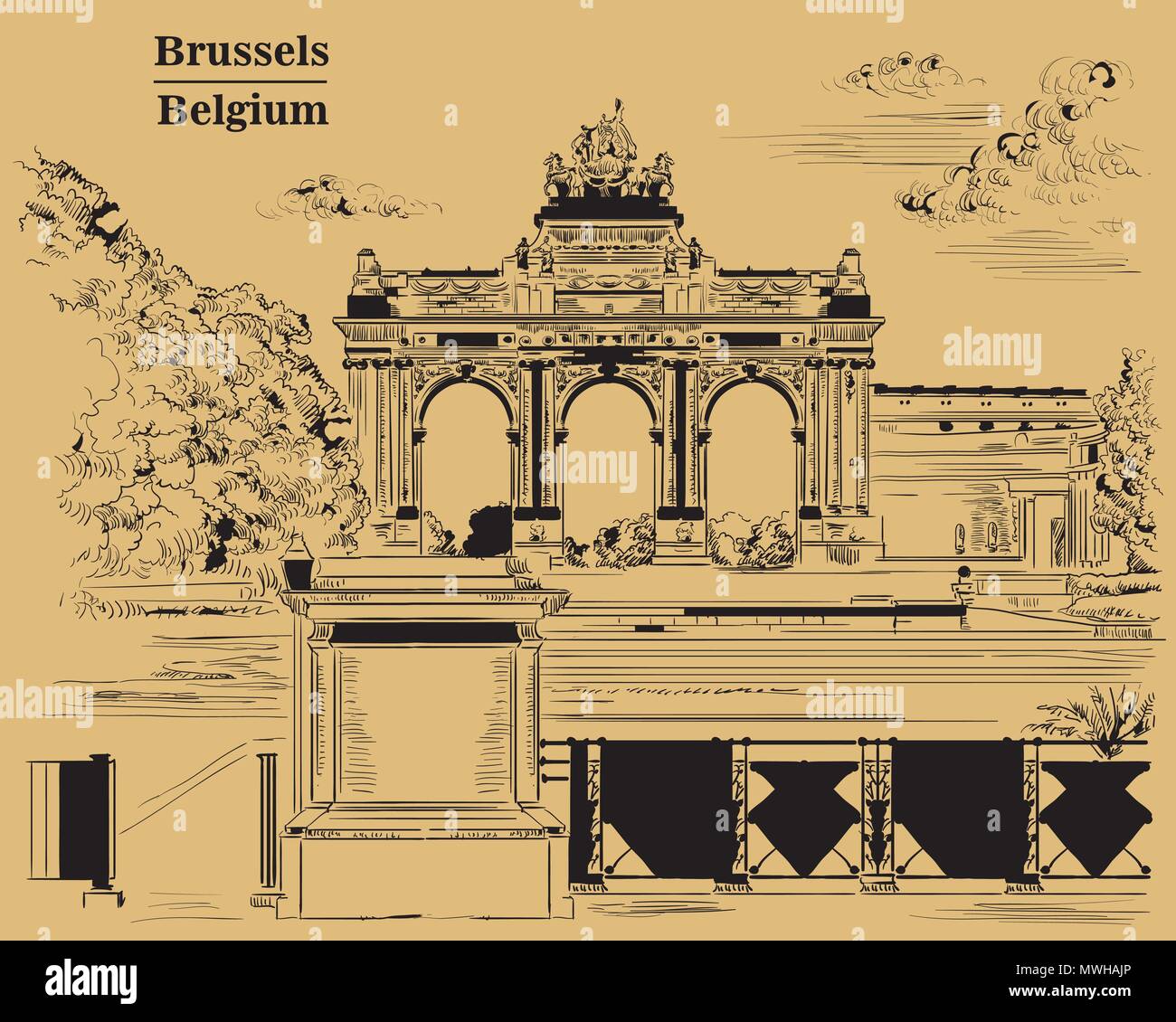 Der Triumphbogen im Park des 50. Jahrestag in Brüssel (Belgien). Wahrzeichen von Brüssel. Vektor hand Zeichnung monochrom Abbildung ist Stock Vektor