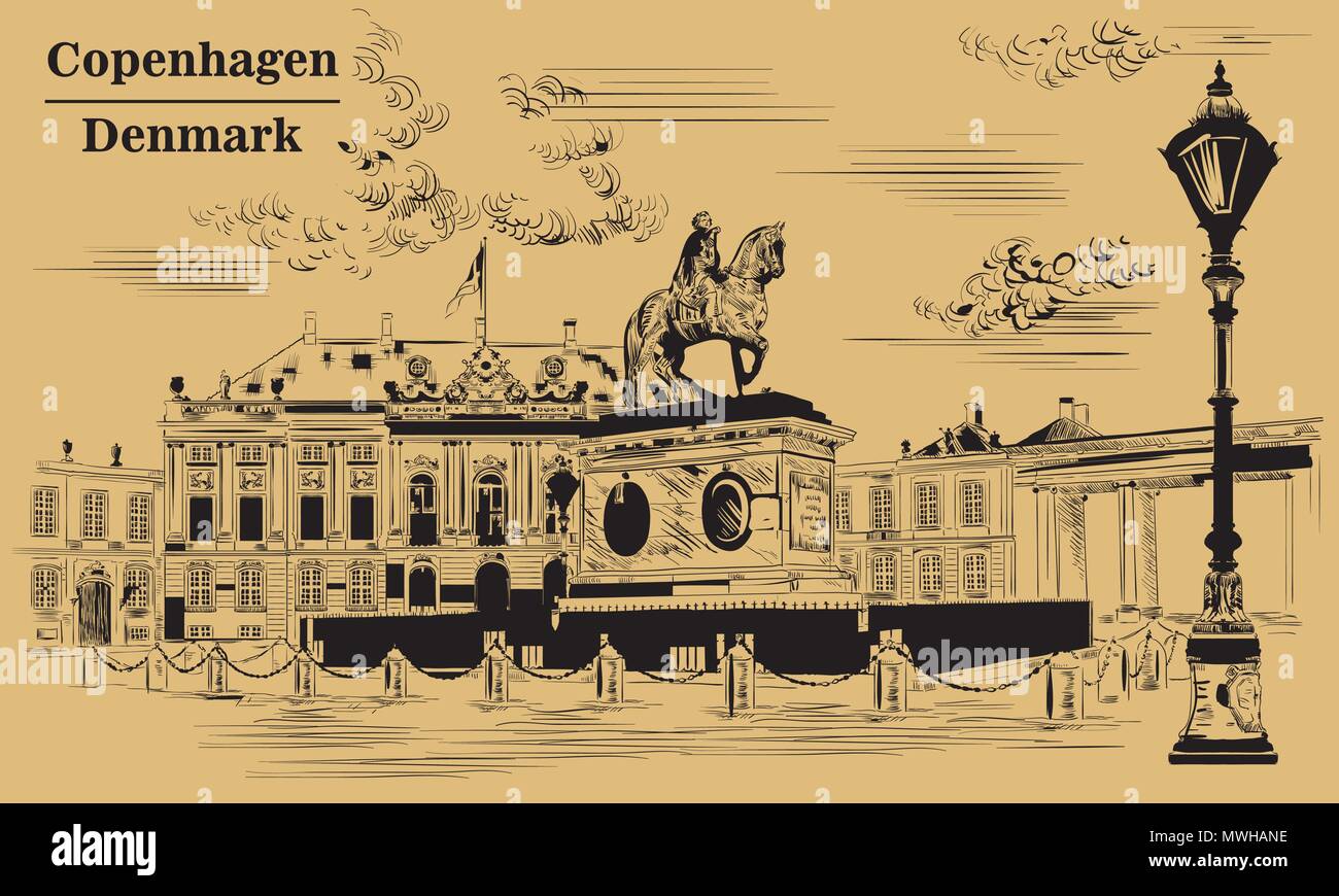 Schloss Amalienborg in Kopenhagen, Dänemark. Wahrzeichen von Dänemark. Vektor hand Zeichnung Abbildung in Farbe schwarz auf braunem Hintergrund isoliert. Stock Vektor