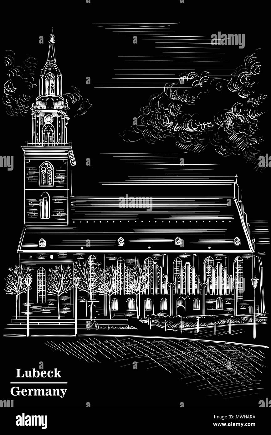 Kirche St. Maria in Berlin (Lübeck), Deutschland. Wahrzeichen von Berlin. Vektor hand Zeichnung Abbildung in der Farbe Weiß auf schwarzem Hintergrund. Stock Vektor