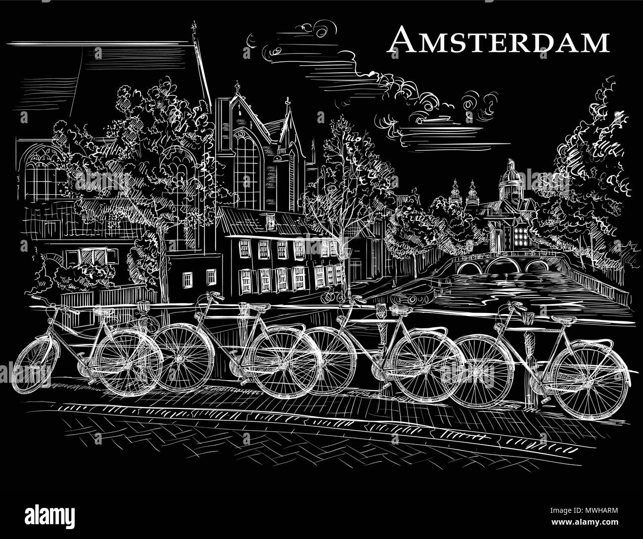 Fahrräder auf der Brücke über die Kanäle von Amsterdam, Niederlande. Wahrzeichen der Niederlande. Vektor hand Zeichnung Abbildung in der Farbe Weiß isoliert auf bla Stock Vektor