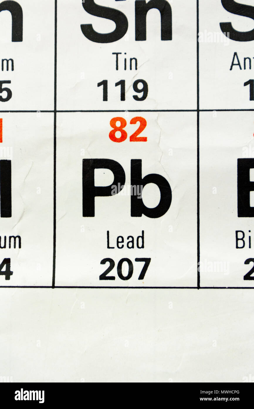 Das Element Blei (Pb), wie auf eine periodische Tabelle Diagramm gesehen wie in einer Schule in Großbritannien verwendet. Stockfoto