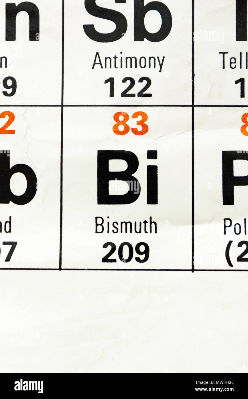 Bismut (Bi) Da es sich um eine britische Schule periodische Tabelle angezeigt. Stockfoto