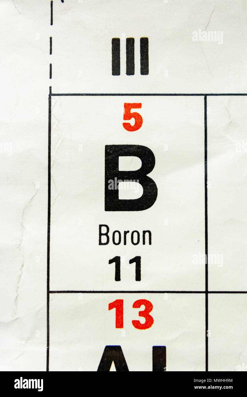 Bor (B), da es eine britische Schule periodische Tabelle angezeigt. Stockfoto