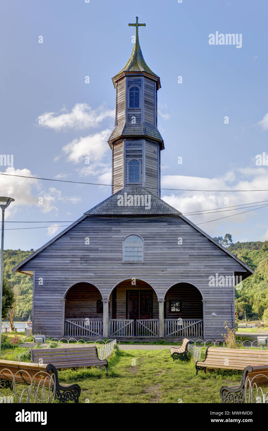 Chiloe Island, Chile: Die UNESCO-Welterbe-Kirche in San Juan. Stockfoto