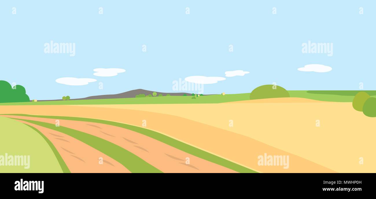 Vector Illustration landwirtschaftliche Landschaft mit Feldern und Wiesen, Bäume und Berg im Hintergrund unter einem blauen Himmel mit Wolken - flaches Design Stock Vektor