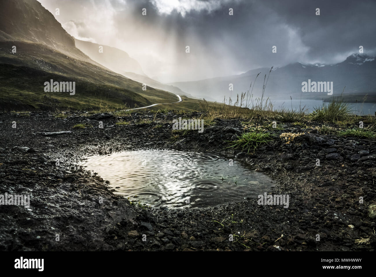 Pfütze auf der Straße auf die Halbinsel Snaefellsnes Stockfoto