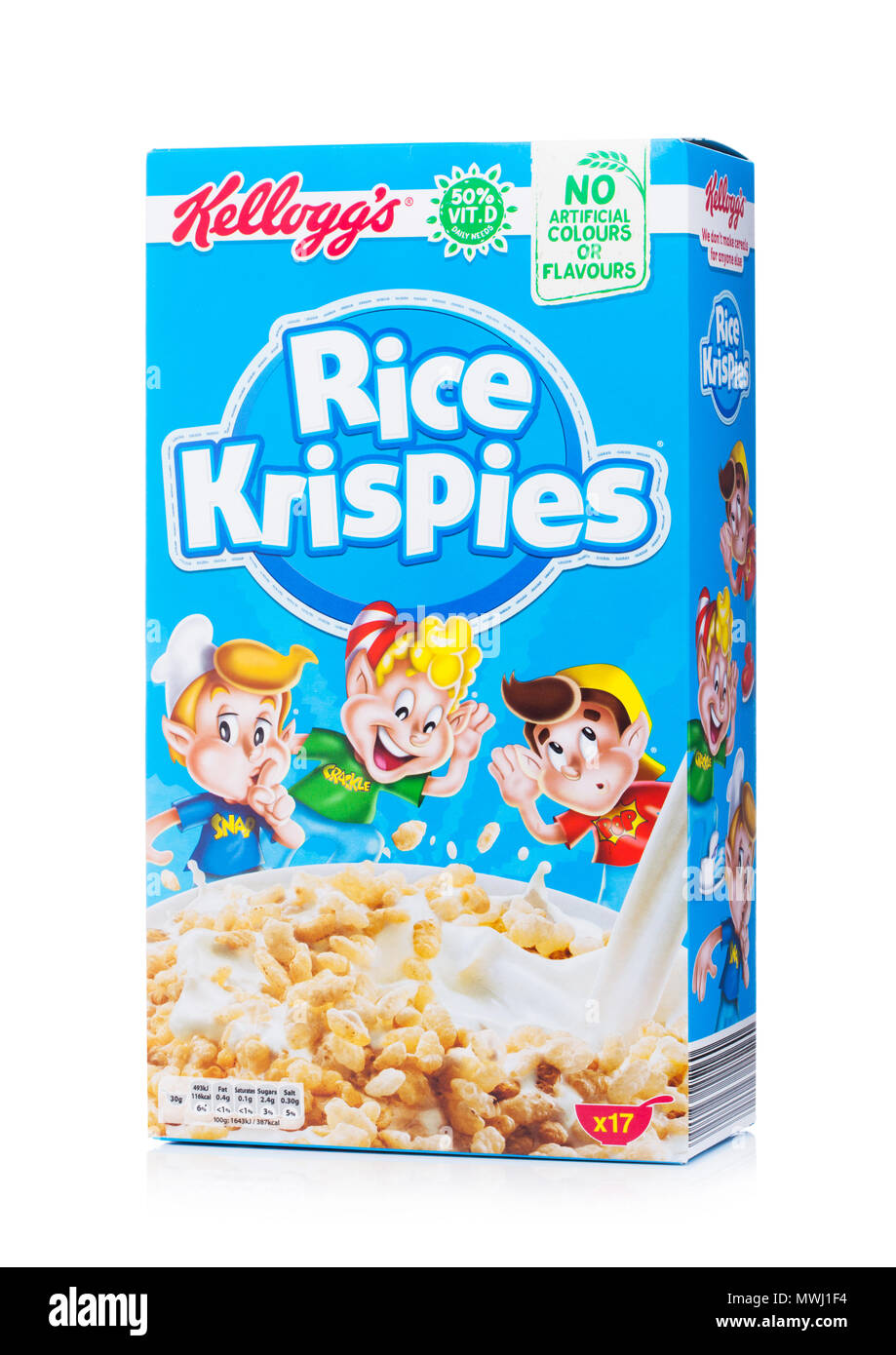 LONDON, UK, 01. Juni 2018: Die Box von Kellogg's Rice Krispies Frühstückszerealien auf weißem Hintergrund. Stockfoto