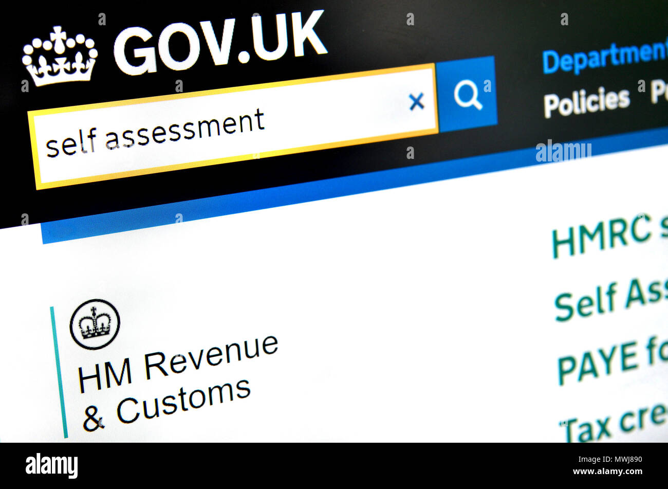 Britische Regierung HMRC Steuer website: Self Assessment Stockfoto