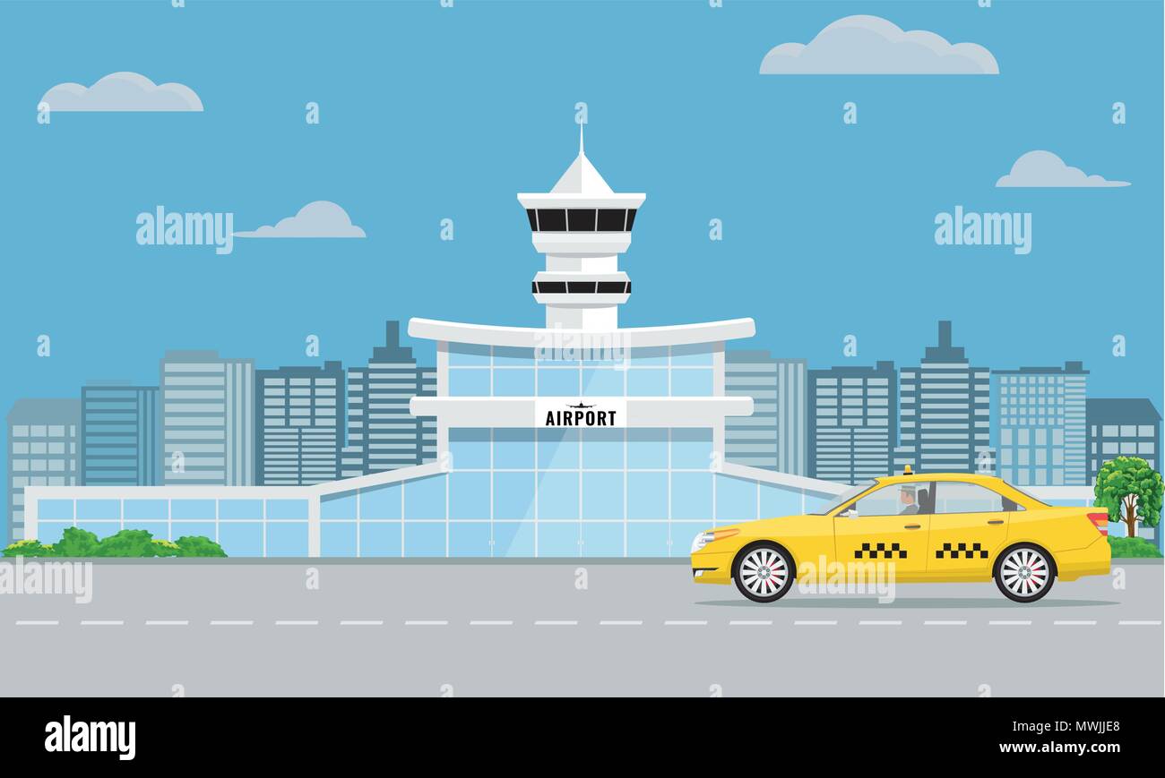 Flughafen Terminal und gelben Taxi. Im städtischen Hintergrund flach und Farbe Design. Stock Vektor
