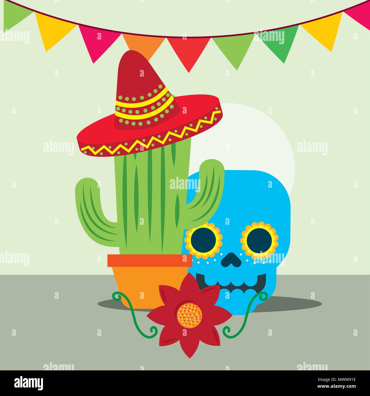 Viva Mexico feier Blue Skull Cactus mit Hut schöne Blume bunte Luftballons Vector Illustration Stock Vektor