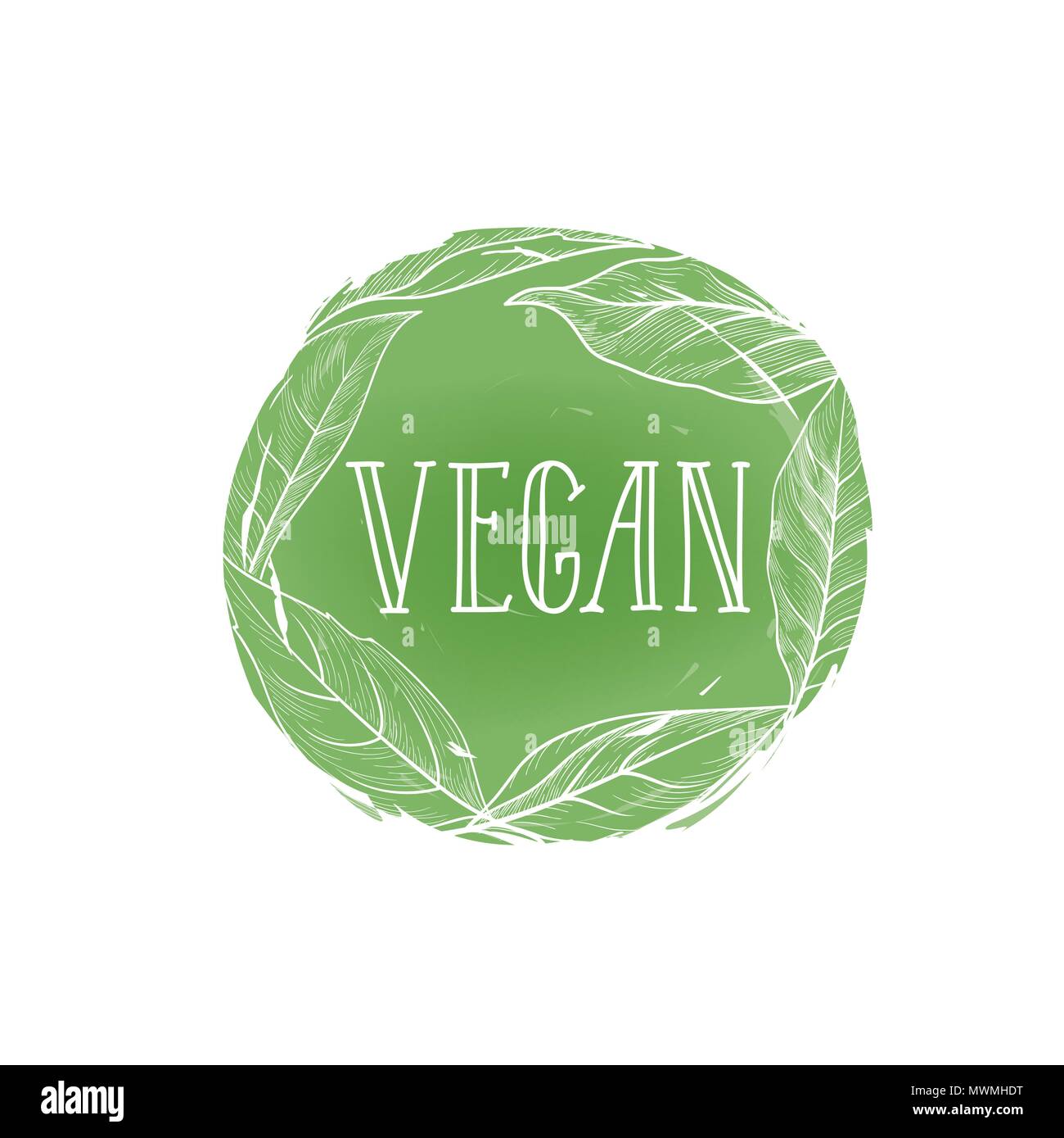 Vegetarische Nahrung unterzeichnen. Vegan Schriftzug in gezeichneten Kreis Label mit Blättern. Gutes Symbol für Bauernhof Markt. Typografische Gestaltung element Stock Vektor