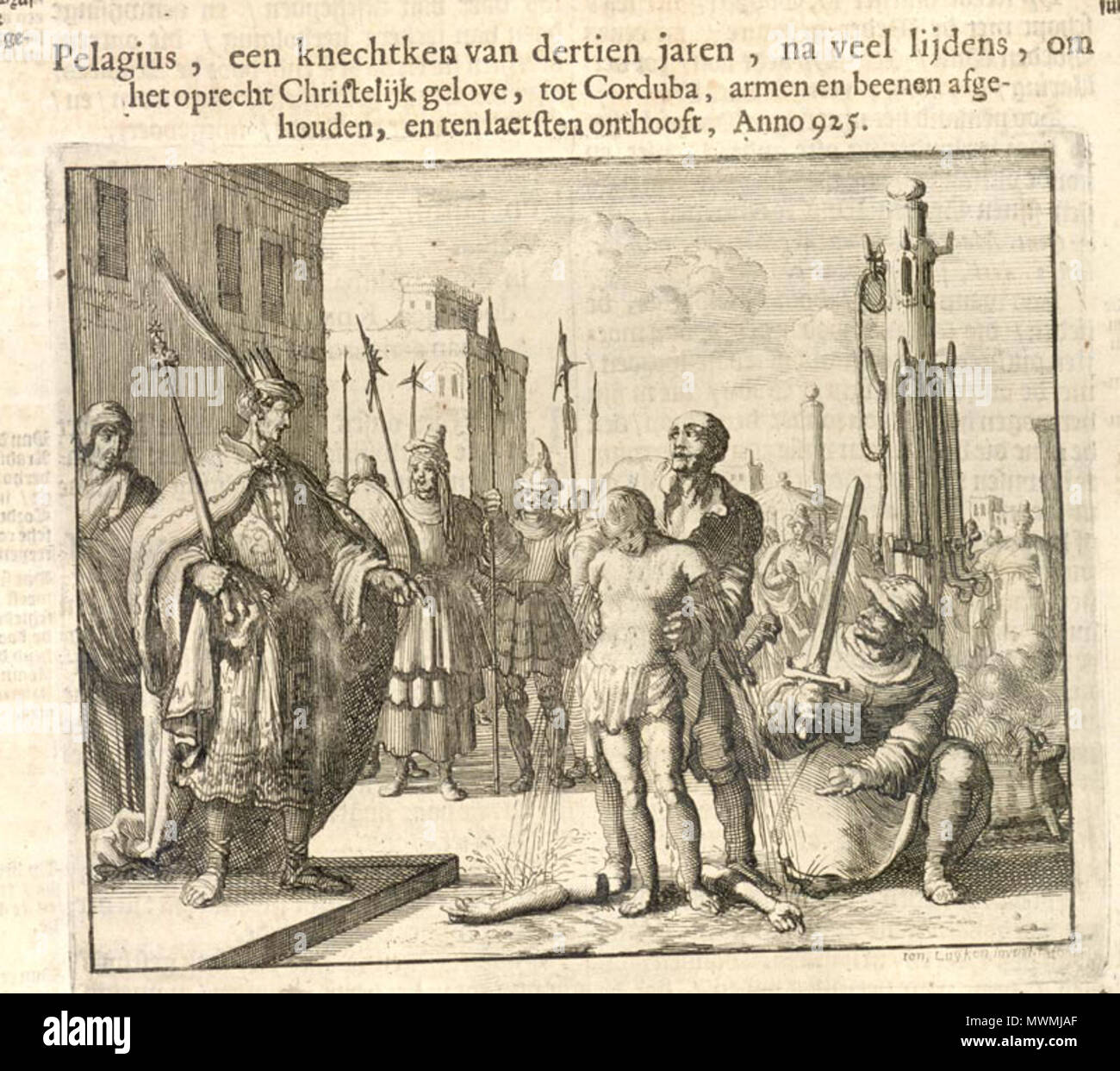 . Von der en: Märtyrer Spiegel, dies ist eine Radierung von en: Jan Luyken (1649-1712). Der Text oben auf der Seite übersetzt wie folgt: "Pelagius, ein junger Mann von 13 Jahren, nach viel Leid für die wahren christlichen Glauben, von Cordova, hat seine Arme und Beine abgeschnitten, und wird schließlich geköpft, A.D. en:925'. Diese Datei fehlt, Informationen zum Autor. 475 Pelagiusofcordoba Stockfoto